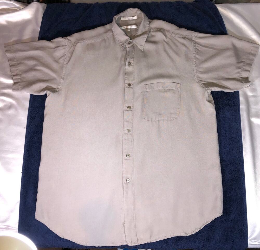 Perry Ellis 100% Silk Button Up Shirt Pocket Beige Mens Size L